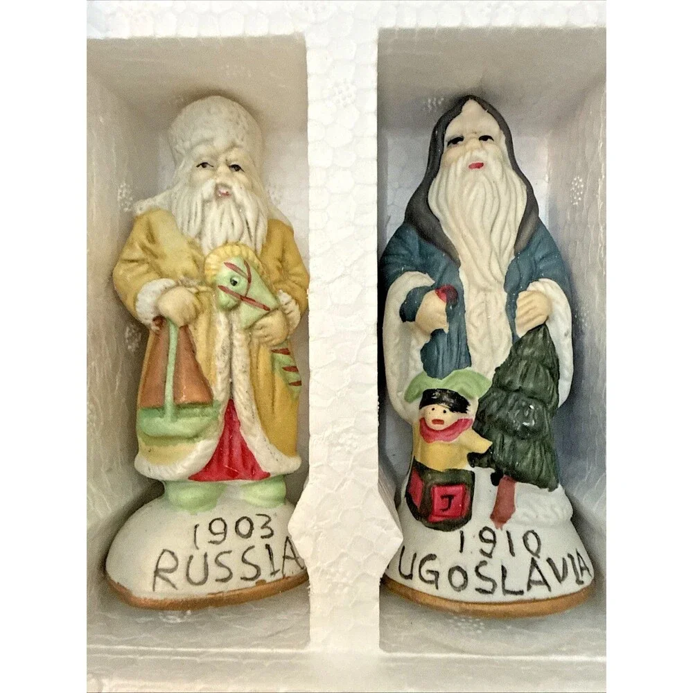 Vintage Set Of Santas From Around the World Porcelain  Handpainted 12 Set w/ Box